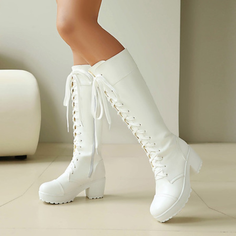 High Knee Heel Boots - Womens Knee High Lace Up Combat