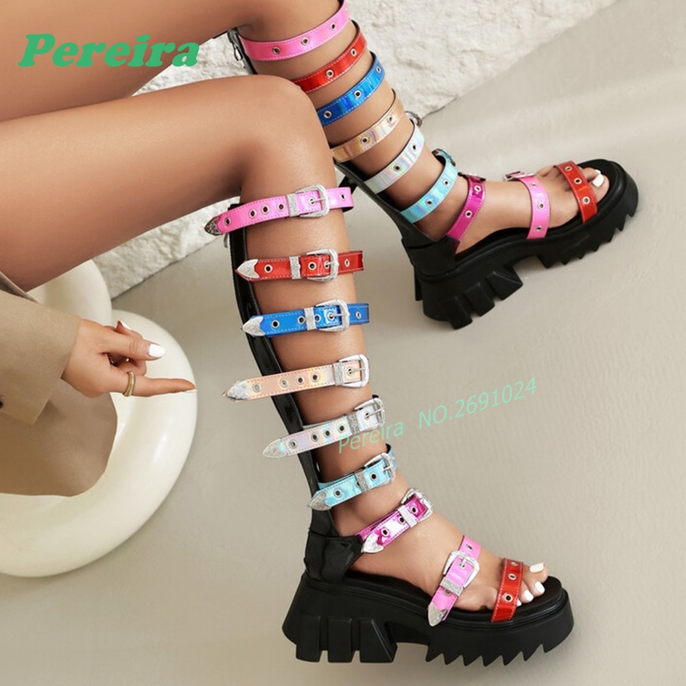 Colorful Multi Buckle Straps K - High Knee Heel Boots ulasan dan harga