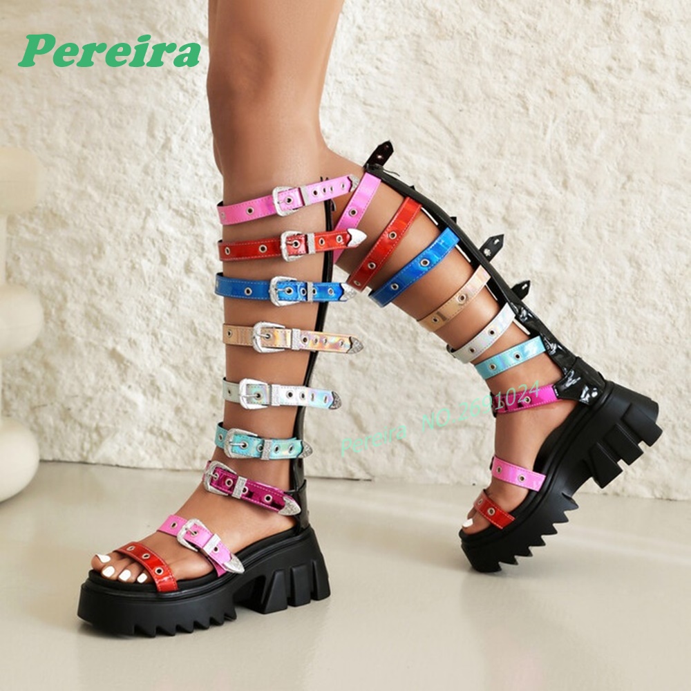 Colorful Multi Buckle Straps K - High Knee Heel Boots ulasan dan harga