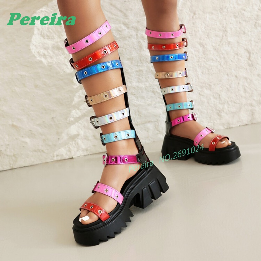 Colorful Multi Buckle Straps K - High Knee Heel Boots ulasan dan harga