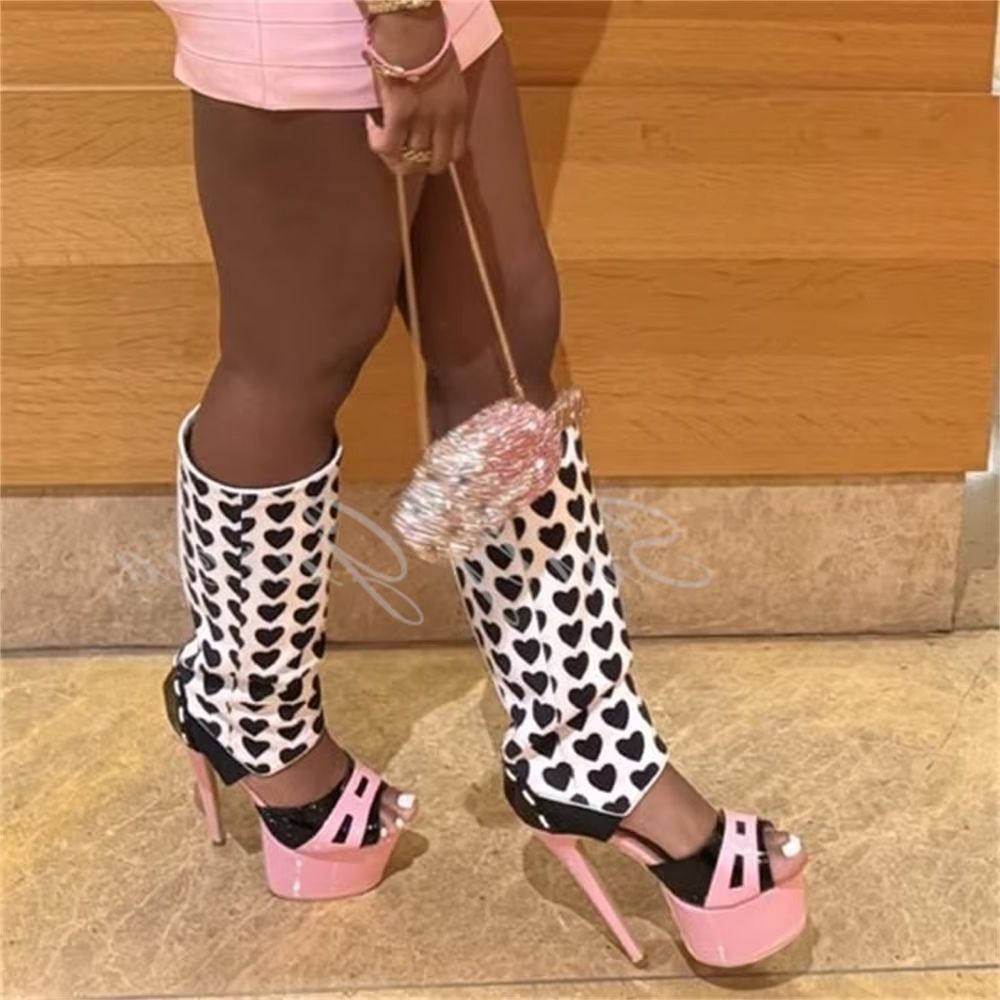 Girl Pink Heart Decor Knee Hig - High Knee Heel Boots ulasan dan harga